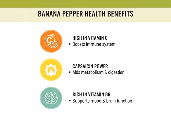 Infographic showing the health benefits of banana peppers, including icons for Vitamin C, metabolism, and brain health.