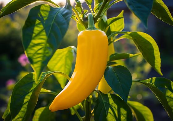 A ripe, yellow banana pepper hanging on a healthy, green plant in a sunny garden.
