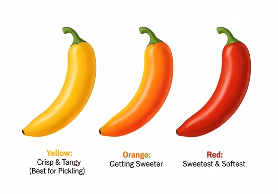 A visual guide showing a banana pepper's color stages from yellow (tangy and crisp) to orange and finally red (sweeter and softer).