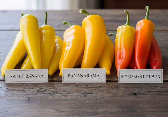 A lineup of different banana pepper varieties, from the mild 'Sweet Banana' to the spicy 'Hungarian Hot Wax'.