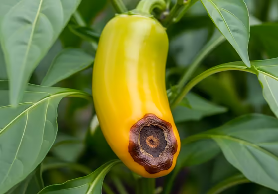 A close-up photo clearly showing the characteristic dark, sunken spot of blossom end rot on the bottom of a banana pepper.