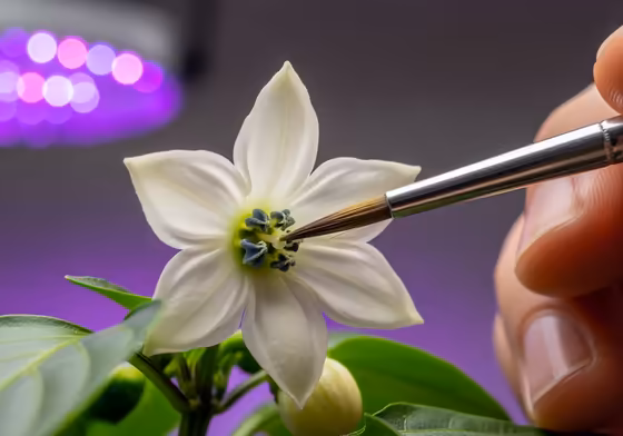 Close-up shot of a person hand-pollinating an indoor banana pepper flower with a small paintbrush under a grow light.