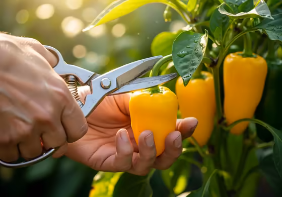 A person's hand using small pruning shears to carefully cut a ripe yellow banana pepper from the plant.