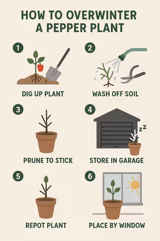 A step-by-step infographic illustrating how to overwinter a pepper plant, from digging it up to pruning and repotting.