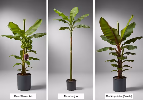 A visual comparison of three banana plant varieties: the fruit-bearing 'Dwarf Cavendish', the tall 'Musa basjoo', and the ornamental 'Red Abyssinian' with its red-tinged leaves.