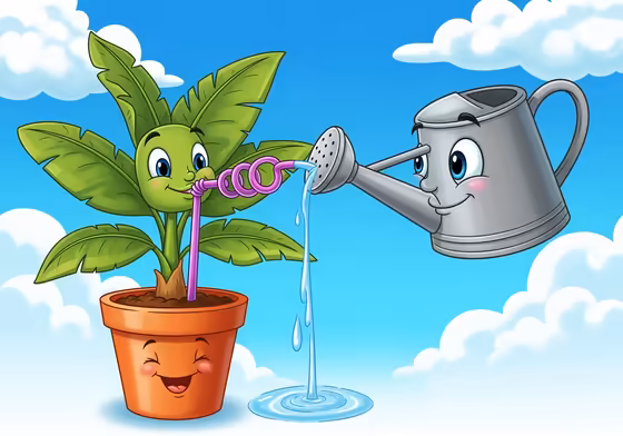 A playful cartoon of a thirsty banana plant in a pot, happily sipping water through a giant straw from a watering can.