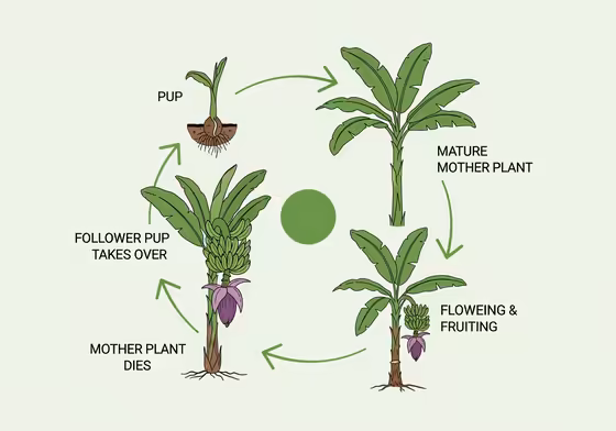 A circular diagram showing the lifecycle of a banana plant: a pup grows, becomes a mother plant, flowers and fruits, then dies back as a new follower pup takes over.