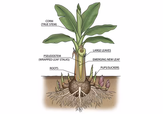A diagram illustrating the parts of a banana plant, clearly labeling the underground corm, the pseudostem (false stem), the leaves, and the pups (suckers) growing at the base.