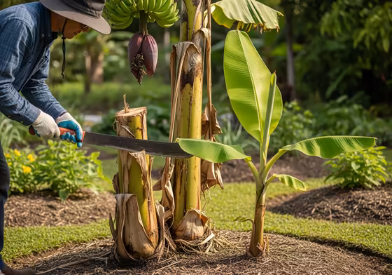 A gardener using a large knife to cut down the main stalk of a banana plant after it has finished fruiting, with a new follower pup growing nearby.